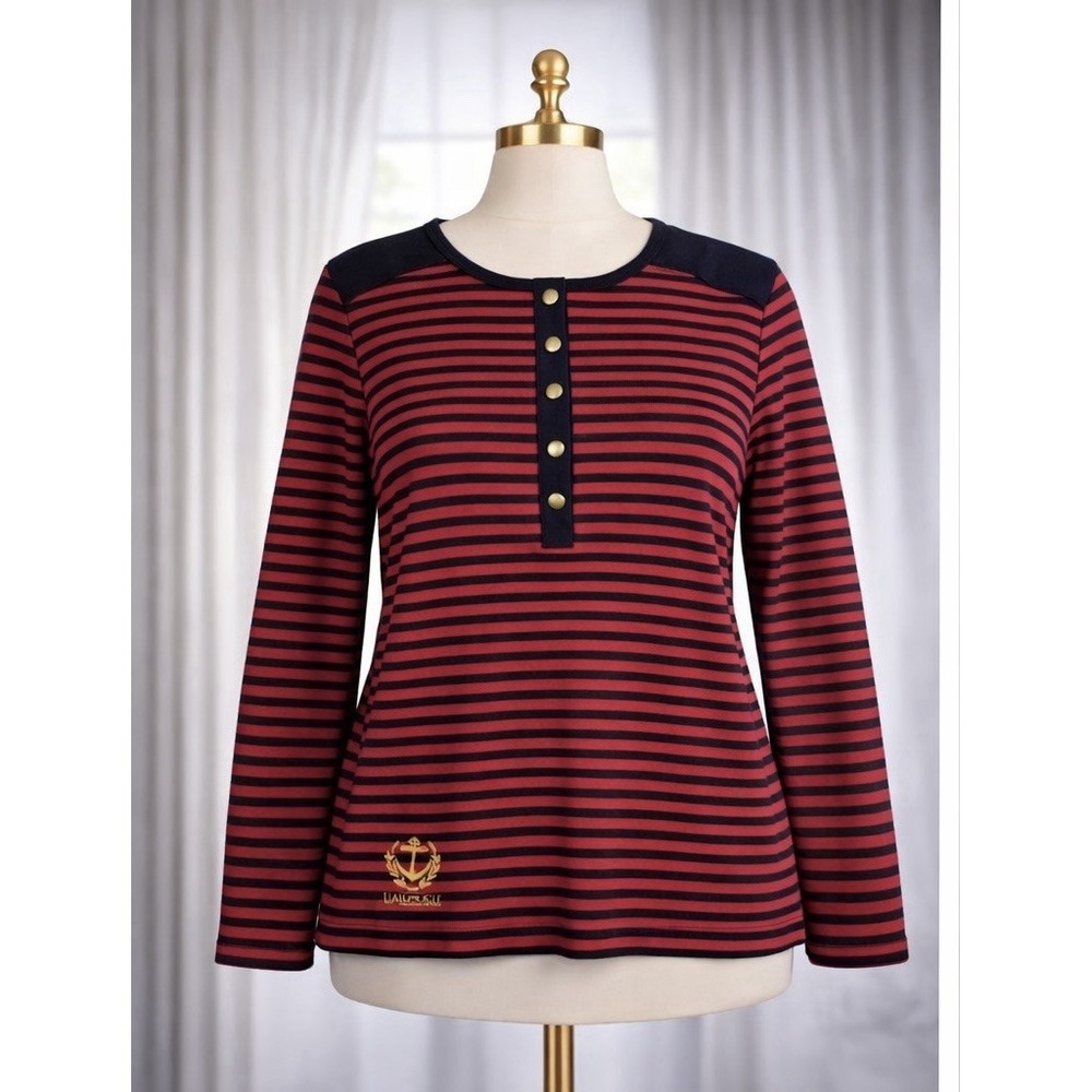 Lauren Ralph Lauren Knit Top Red Black Stripes Gold Buttons Embroidered Crest M
